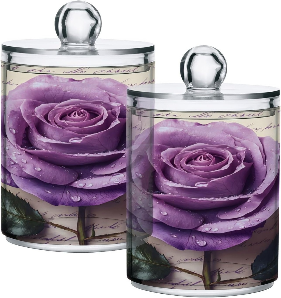Acrylic Plastic Clear Jar with Lid, Purple Rose Letter Flower Airtight Storage Jar 2 Pack Kitchen Storage Containers for Cookie Snack Candy