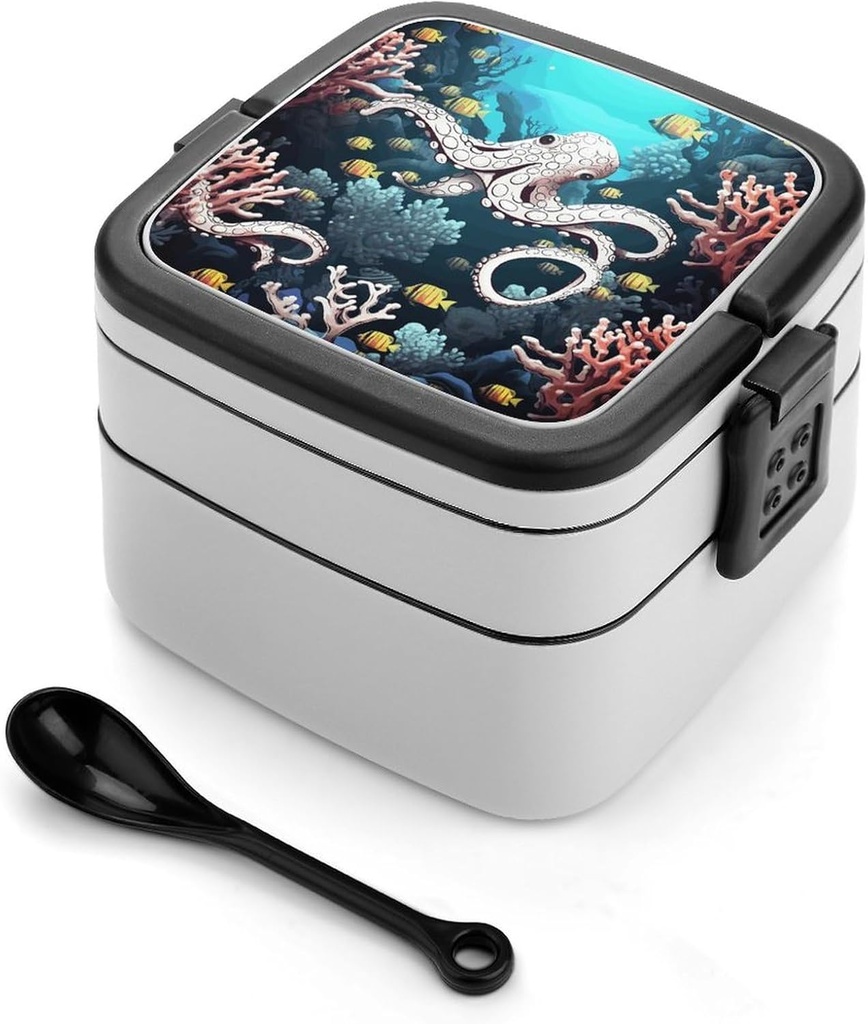 Stackable Double-Layer Bento Box Marine Life Adults Lunchbox With Spoon Cute Japanese Bento Box Dishwasher Safe for Work Travel Dining Outc