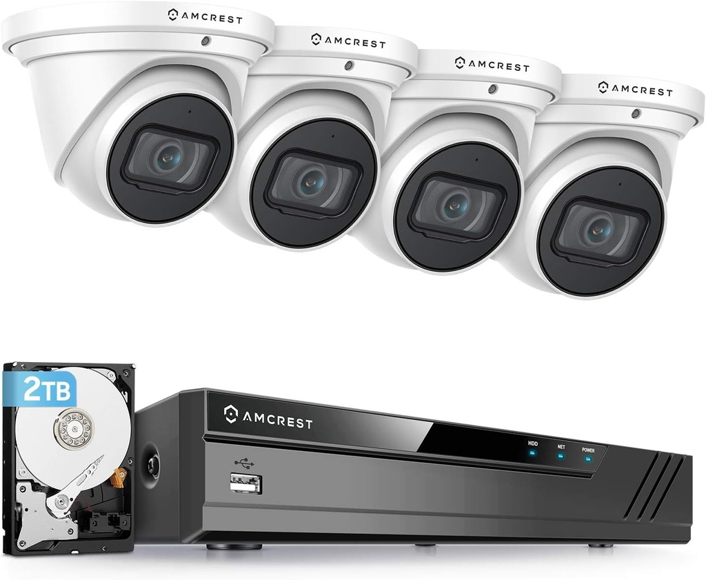Amcrest 4K POE Security Camera System with 4K 8Ch PoE NVR (4) x 8 Megapixel Turret IP POE Cameras (3840x2160) Pre Installed 2TB Hard Drive NV4108E-IP8M-T2599EW4-2TB
