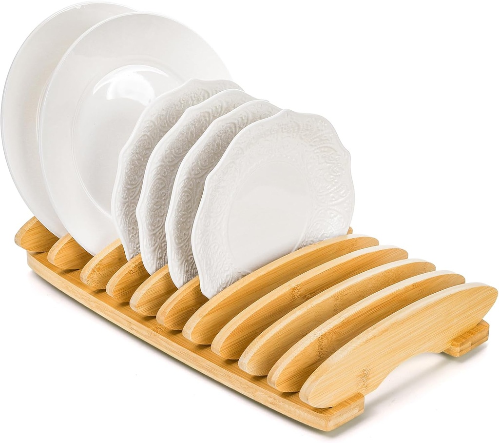 Dicunoy Bamboo Dish Rack, 10 Slots Wood Plates Stand Organizer for Cabinet, Vertical Dishes Holder for Pot Lids, Cutting Board, Kitchen, Sink, Countertop Storage and Organization