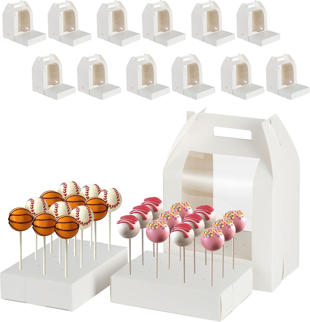 Cake Pop Boxes - 12 Pcs Portable Candy Boxes with Clear Window & 18 Holes Tall Display Carriers for Lollipops, Candy Pops (White)