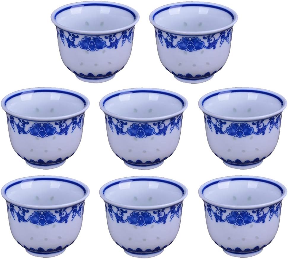 Chinese Handmade Kungfu Tea Cup 80 ml,Bone China Blue and White Tea Cups Set of 8,Ceramic Tea Mugs Without Handles,Best Gift