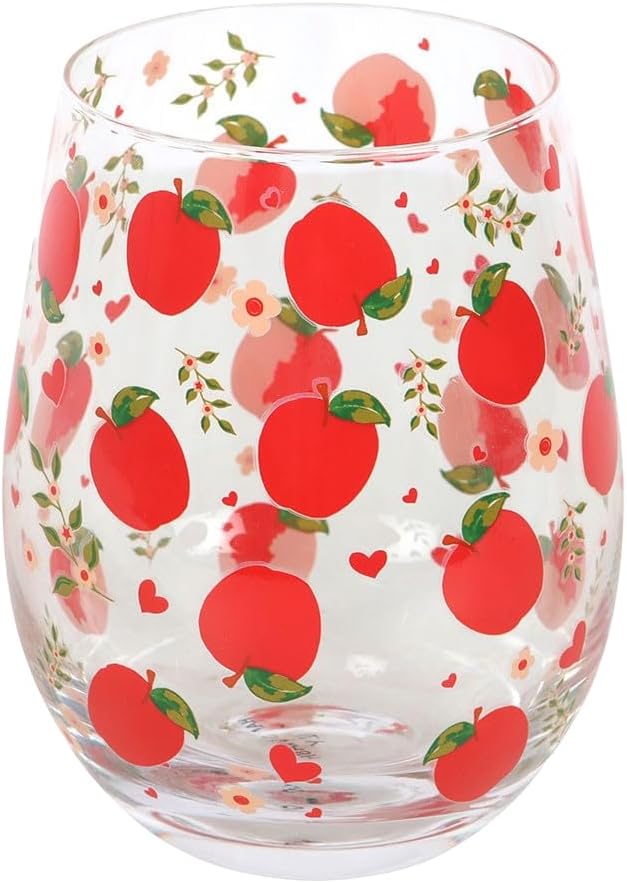 Apple Print Stemless Glass – Charming Apple Design – Perfect for Juice, Cider, Iced Tea, and Cold Beverages – 350ml Capacity – Ideal for Relaxed Afternoons – Unique Gift for Teachers