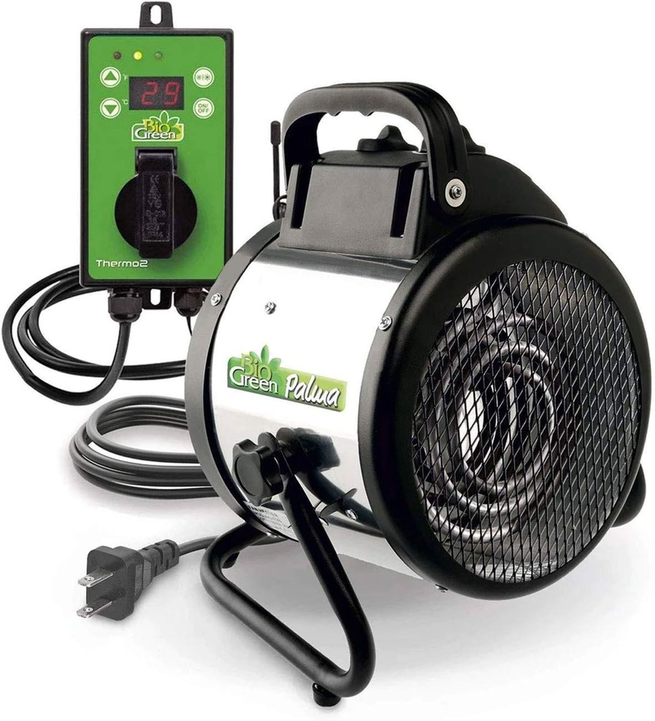 BioGreen Electric Greenhouse Heater & Fan with Digital Thermostat PALMA | 1500 Watts, 5100 BTU/hr | 5800 ft³/h Air Circulation -58 to 210.2°F | Stainless Steel | Spraywater Proof