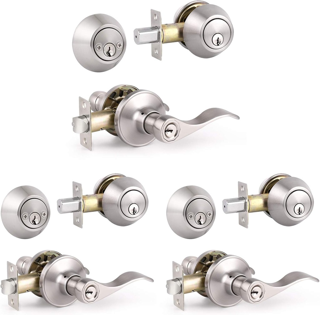 Knobonly 3 Sets of Wave Style Entry Door Handle Set with Double Cylinder Deadbolt in Satin Nickel Finish, Keyed on Both Sides, All Keyed Alike Combo Pack