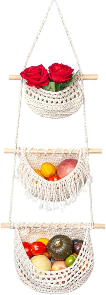Hanging Fruit Basket Handmade Boho Cotton Rope Wall Hanging Basket Over Door Storage Woven Baskets for RV to Store Any Small Stuffe (white 3 tier)