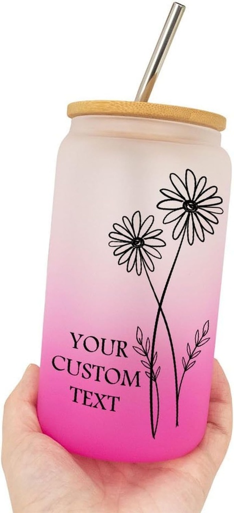 Women's Day Gifts Personalized Birth Flower Glass Iced Coffee Cup Bamboo Covered 16 Oz Water Tea Cups with Bamboo Lid & Straw Bachelorette Party Party Favor Gifts for, Her, Bitrhflower