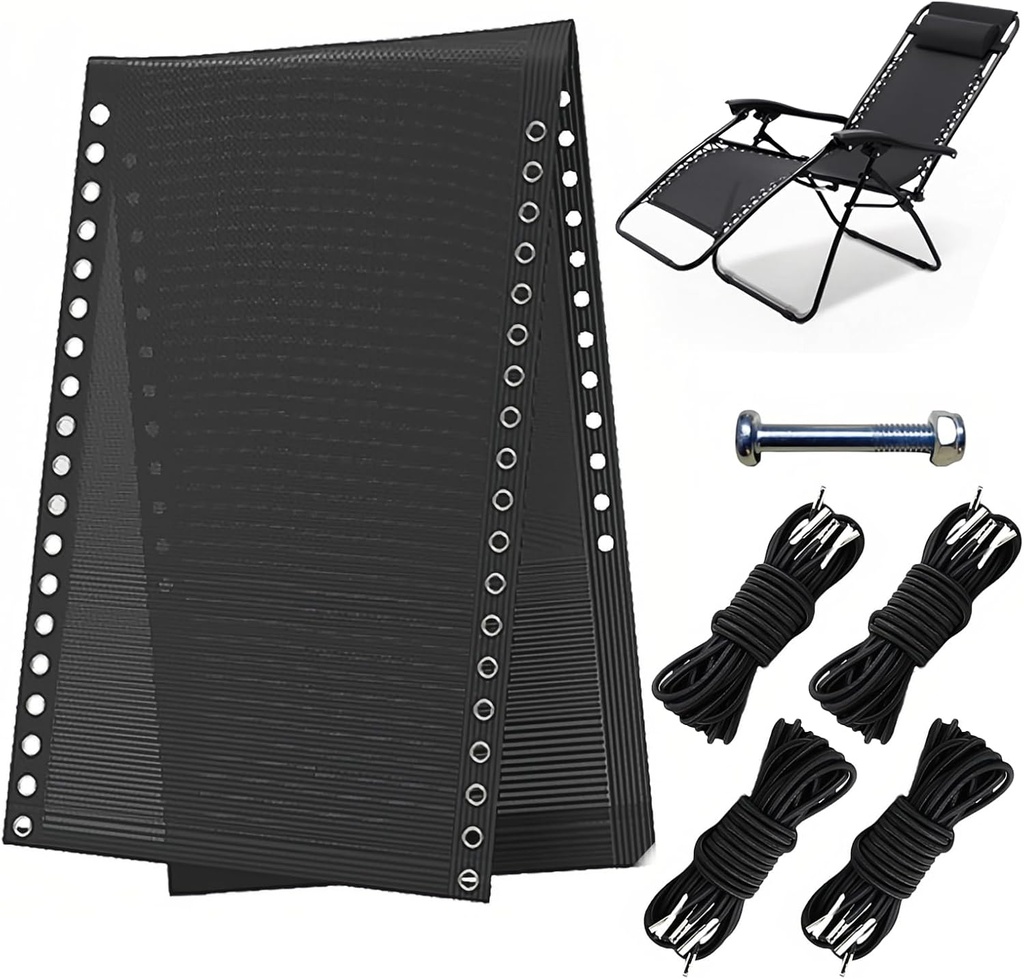 Zero Gravity Chair Replacement Fabric 63" x 17" Recliner Repair Cloth with 4 Elastic Replacement Cord Laces Recliner Mesh Canvas for Patio Recliner Outdoor Lawn Beach Sling Chair (Black)