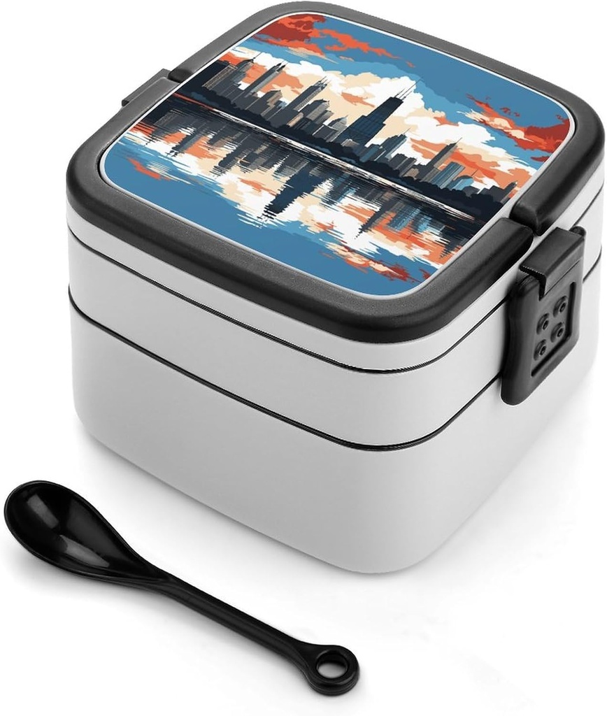 Stackable Double-Layer Bento Box Chicago Skyline Adults Lunchbox with Spoon Cute Japanese Bento Box Dishwasher Safe for Work Travel Dining Outc