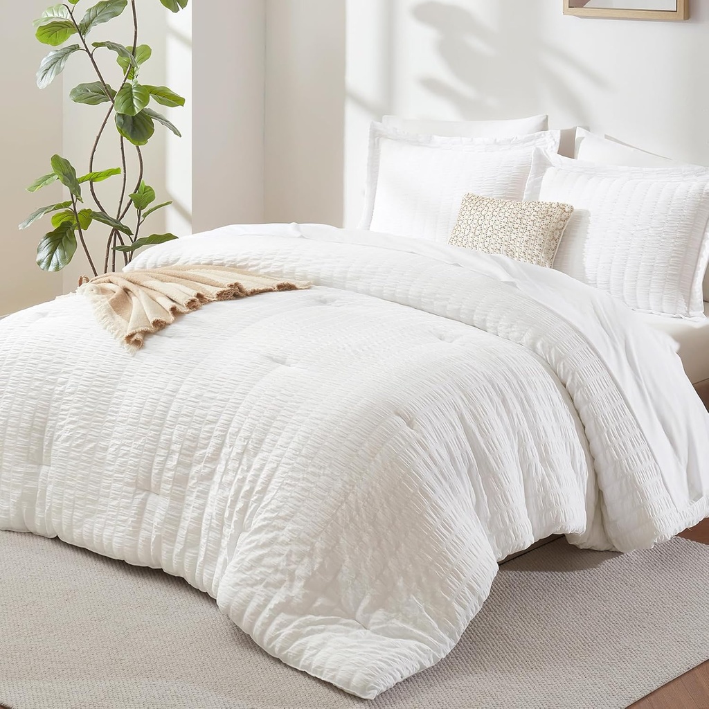 CozyLux Queen Comforter Set White Seersucker 7 Pieces Bed in a Bag Queen Comforter Set with Sheets, Luxury Soft Bedding Set with Down Alternative Comforter, Sheets, Pillowcases & Shams for All Seasons