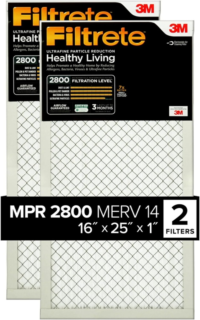 Filtrete 16x25x1 Air Filter, MPR 2800, MERV 14, Healthy Living Ultrafine Particle Reduction 3-Month Pleated 1-Inch Air Filters, 2 Filters, White