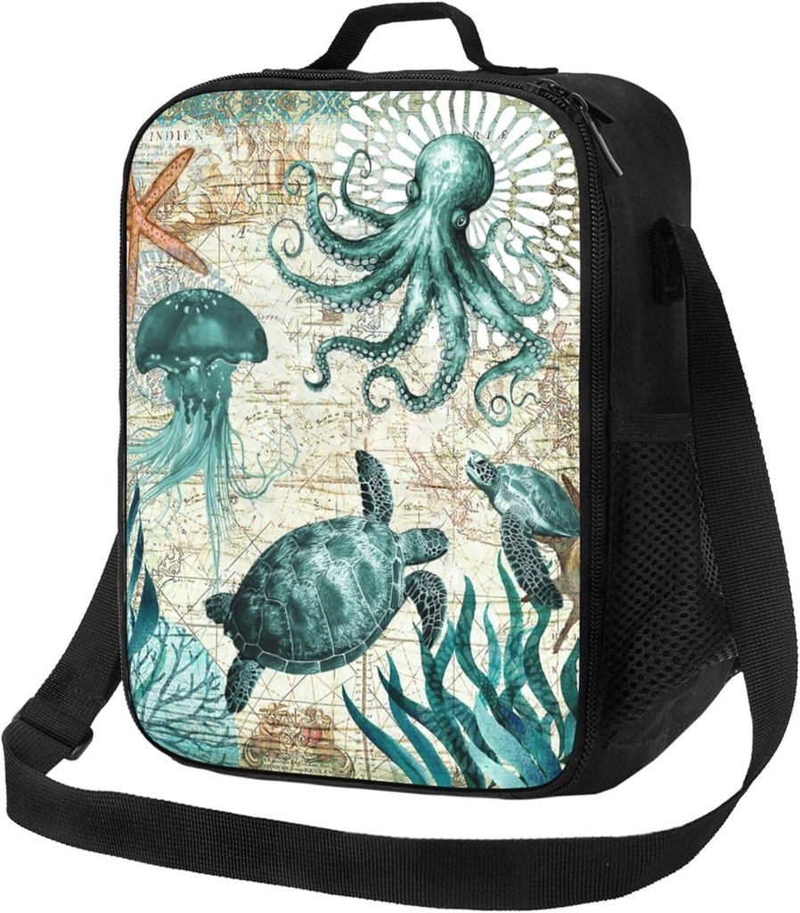 Nautical Map Octopus Sea Turtles Lunch Bag Insulated Durable Lunch Box with Adjustable Shoulder Strap Portable Lunch Bag for Kids School/Picnic/Beach/Hiking Work