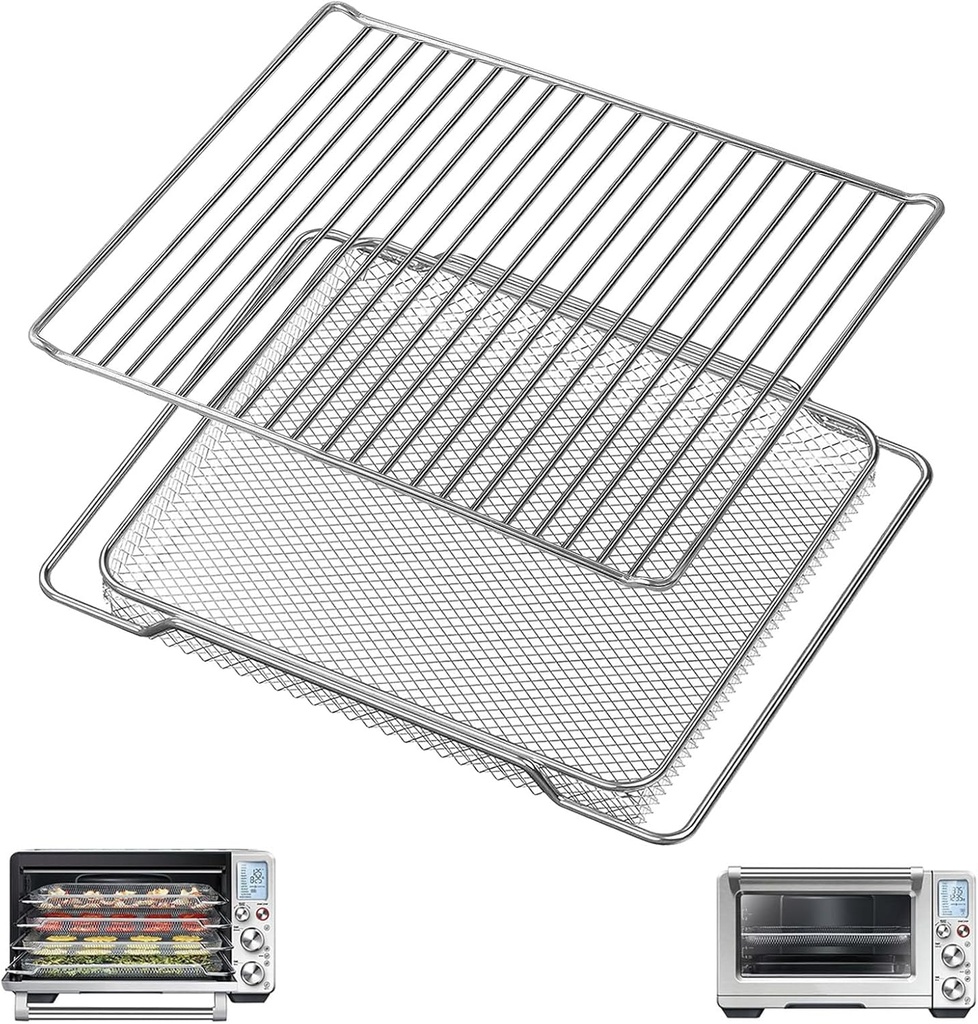 Air Fryer Rack and Basket Replacement for Breville Oven BOV900BSS, 16.5''x 11.8''&16.5''×12.2'', Air Fryer Grill Set Stainless Steel Basket Wire Rack Accessories Parts, Dishwasher Safe