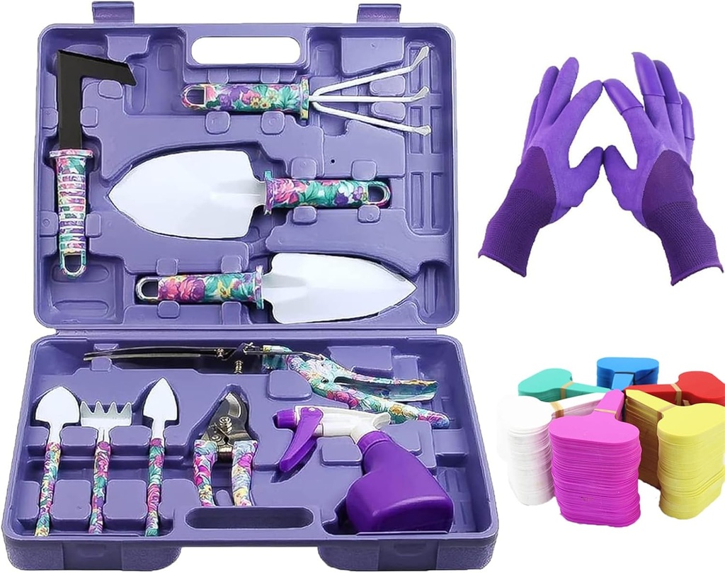 Purple Gardening Tool Set for Women, 13PCS Stainless Steel Purple Garden Tool Set with Trowel, Rake, Weeder, Pruner, Sprayer, Claw Digging Gloves, Garden Tools for Gardening Women