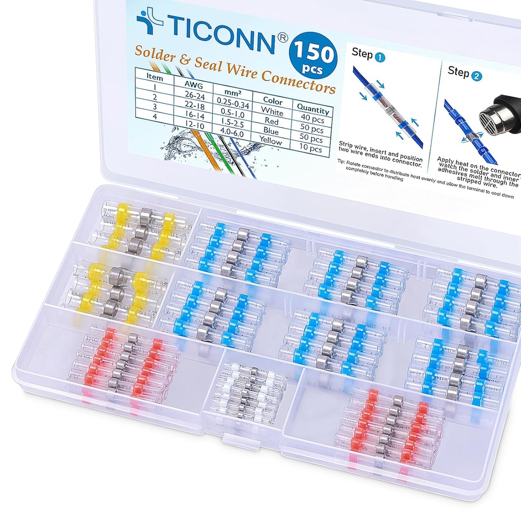 TICONN 150 PCS Solder Seal Wire Connectors, Heat Shrink Butt Connectors, Waterproof and Insulated Electrical Wire Terminals, Butt Splice (150PCS)