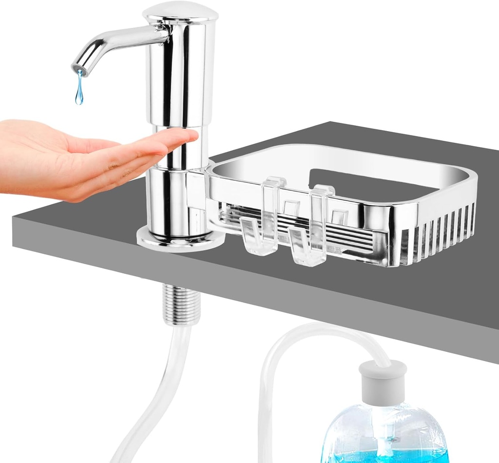 Built-in Kitchen Sink Soap Dispenser With 40" Extension Tube Kit and Storage Basket, Liquid Pump, No Need to Refill Little Bottle (Silver)