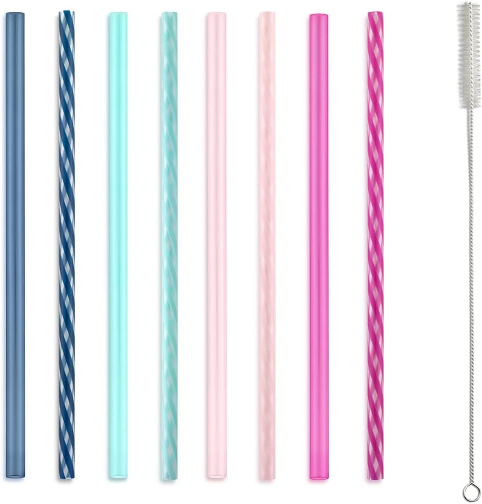 Ello Impact 8 Pack Reusable Plastic Straws, Dishwasher Safe, BPA-Free with Cleaning Brush,Rosewater