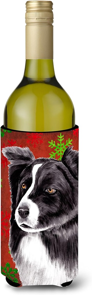Caroline's Treasures SC9407LITERK Border Collie Red and Green Snowflakes Holiday Christmas Wine Bottle Hugger Bottle Cooler Sleeve Hugger Machine Washable Collapsible Insulator Beverage Insulated Hold