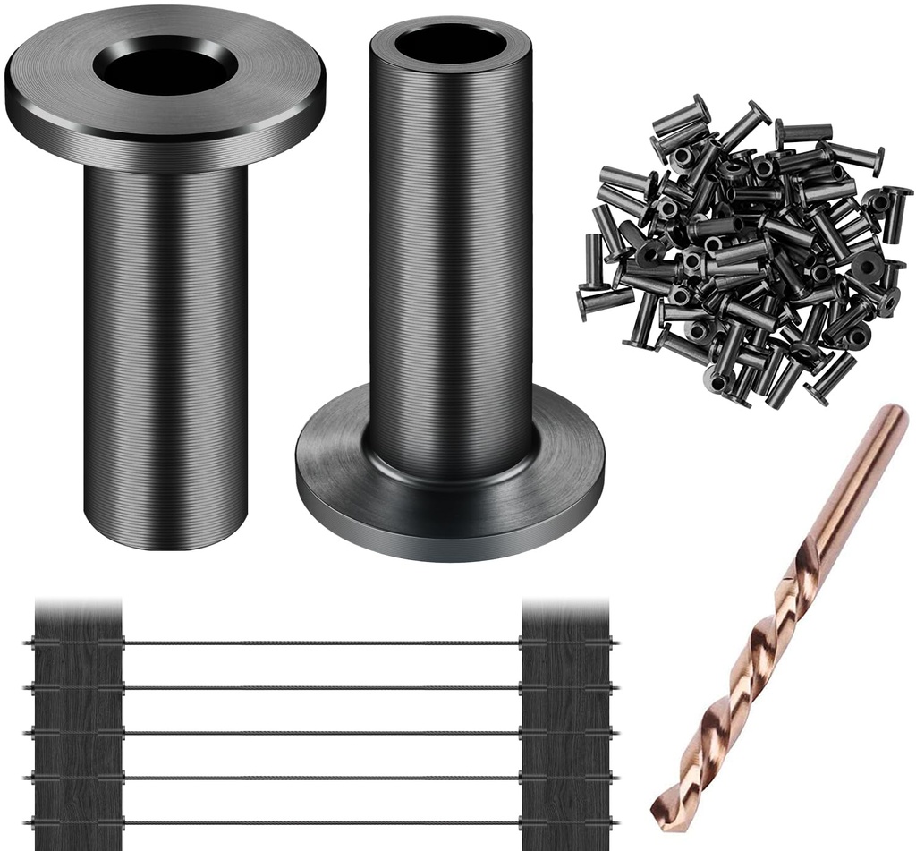 CKE 120 Pack T316 Black Stainless Steel Protector Sleeves for 1/8" Cable Deck Railing Kit System, Black Cable Railing Protector Sleeve for Wood Posts for 1/8" Wire Rope Cable DIY Balustrade, BCR01