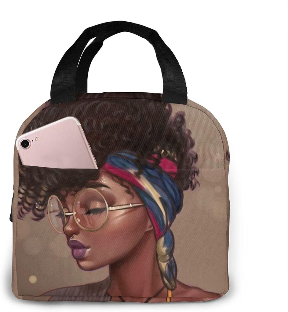 African American Black Girl Lunch Bag Compact Tote Bag Reusable Lunch Box Container For Women Men School Office Work