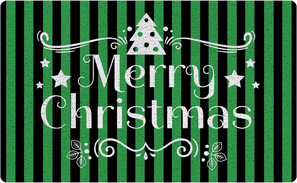 Black and Green Striped Christmas Door Mat, Merry Christmas Vacation Doormat Indoor Outdoor Entrance, Xmas Tree Winter Holiday Welcome Mats for Front Door Porch Outside Entryway, 17x30 Inch