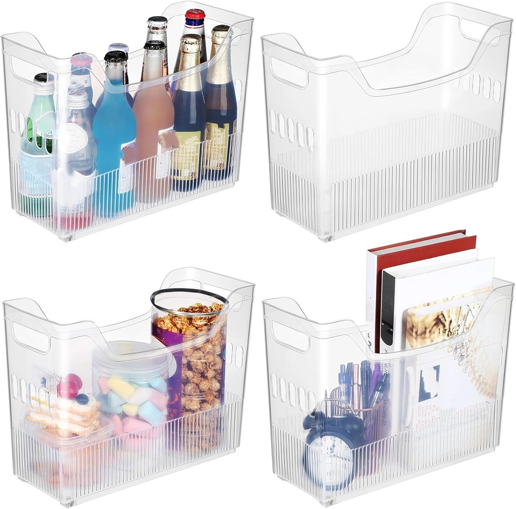 4 Pcs Plastic Freezer Organizer Bins with Wheel Tall Narrow Kitchen Pantry Organizer Snack Storage Containers for Office Refrigerator(10 x 13.3 x 5.5 Inch)