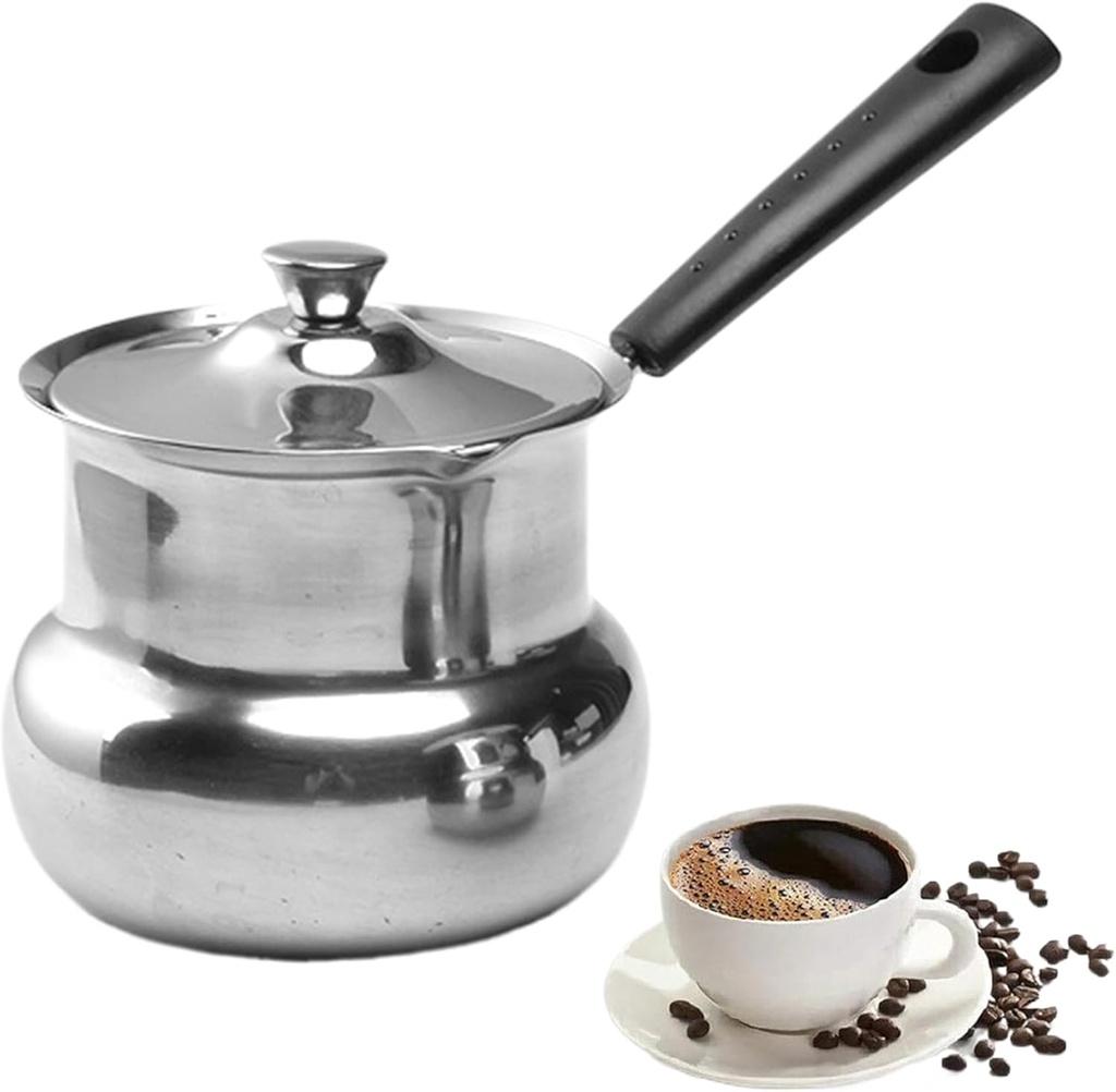 Turkish Coffee Pot with Lid: Stainless Steel Mini Saucepan Chocolate Melting Pot, Milk Warmer Butter Warmer for Stove Top Espresso Coffee Tea Soup Warming (900ML)