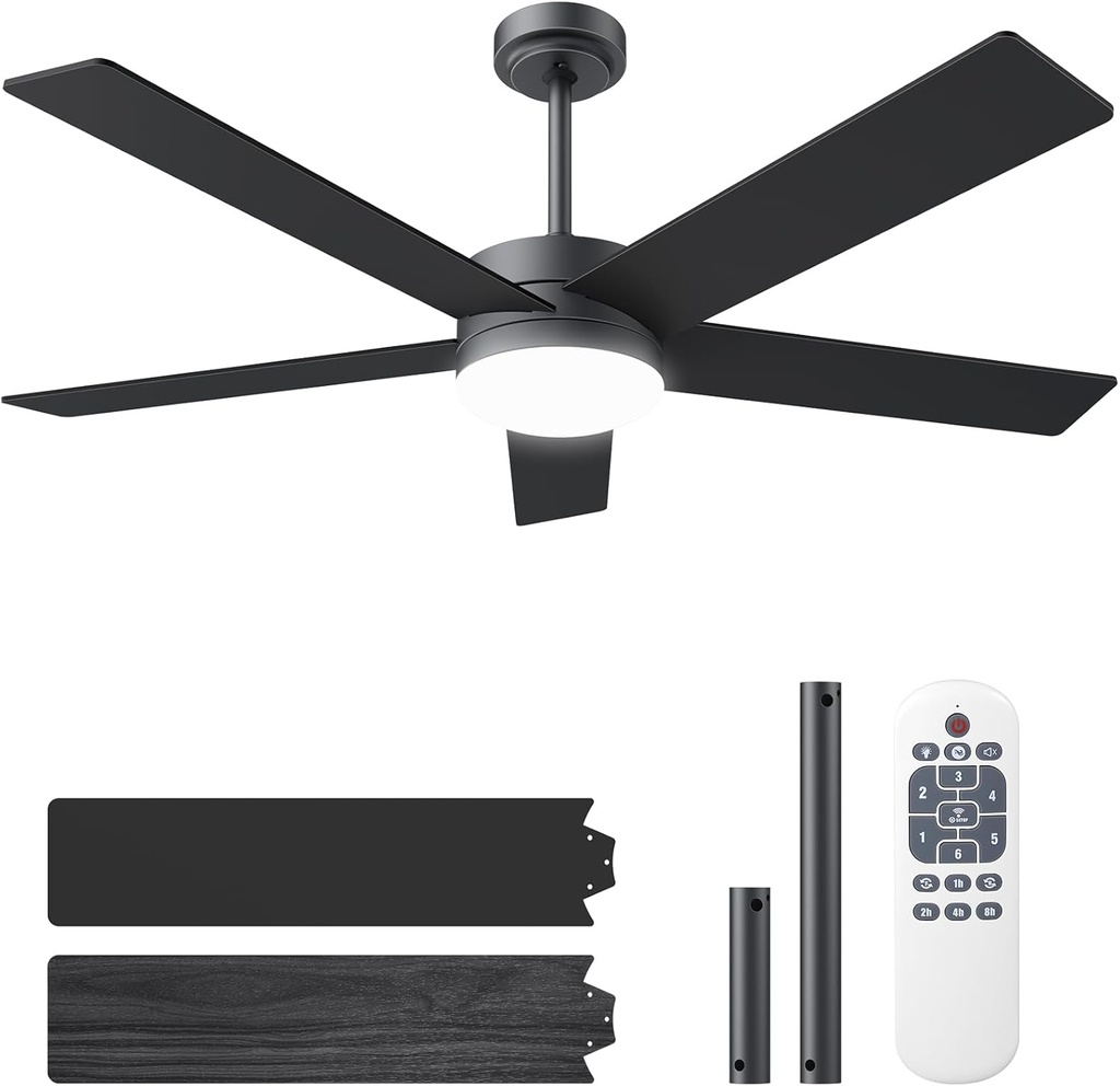Ceiling Fans with Lights and Remote, 52 inch Ceiling Fans with Flush Mount, 22W 3-Color LED Light, 6 Speed Reversible, Dual Finish 5 Blades Noiseless for Patio, Living room, Indoor/Outdoor Use, Black