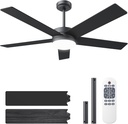 Ceiling Fans with Lights and Remote, 52 inch Ceiling Fans with Flush Mount, 22W 3-Color LED Light, 6 Speed Reversible, Dual Finish 5 Blades Noiseless for Patio, Living room, Indoor/Outdoor Use, Black