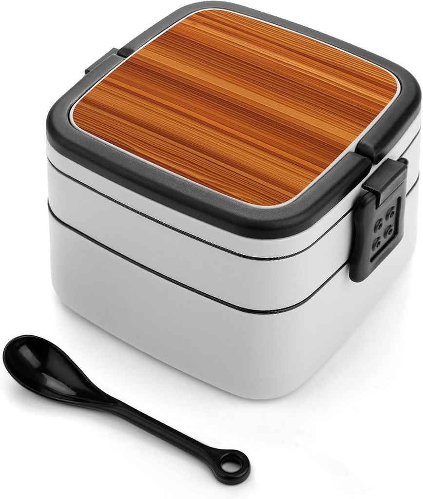 Wood Grain Bento Box Double Layer Lunch Box for Adults with Spoon And Handle Stackable Lunchbox Leakproof Lunch Container for Work Picnic Travel