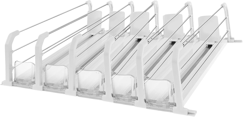 Drink Organizer for Fridge Self-Sliding Soda Can Dispenser with Locking Adjustable Width Fridge Drink Dispenser 3 Rows / 5 Rows Soda Can Organizer for Cabinet Countertop(B)