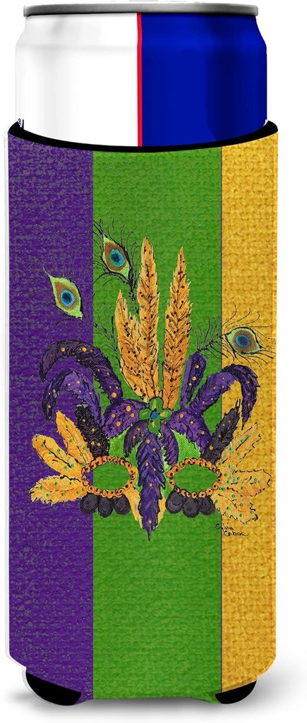 Mardi Gras Feathered Mask Ultra Beverage Insulators for slim cans