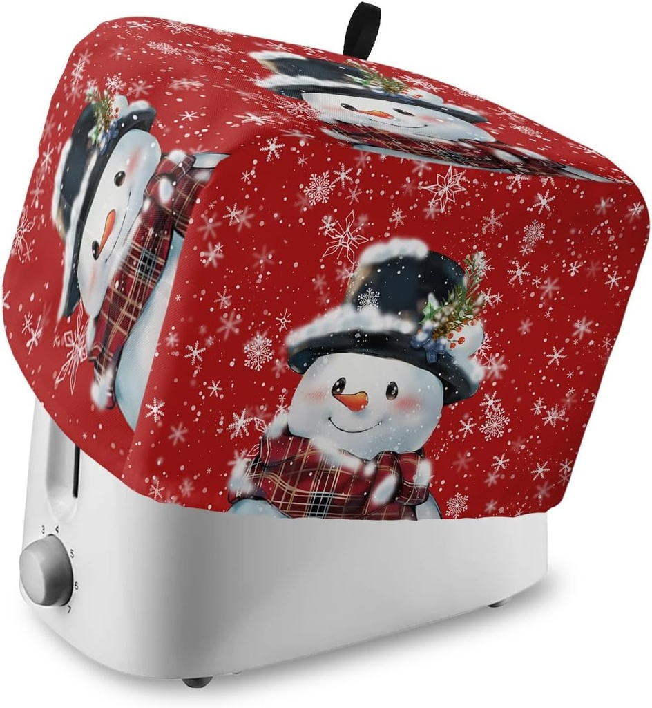 Christmas 4 Slice Toaster Cover, Snowman Bread Machine Cover with Snowflakes Red Texture Kitchen Appliance Dust Cover with Top Handle Fingerprint Protection Lightweight Kitchen Toaster Cover