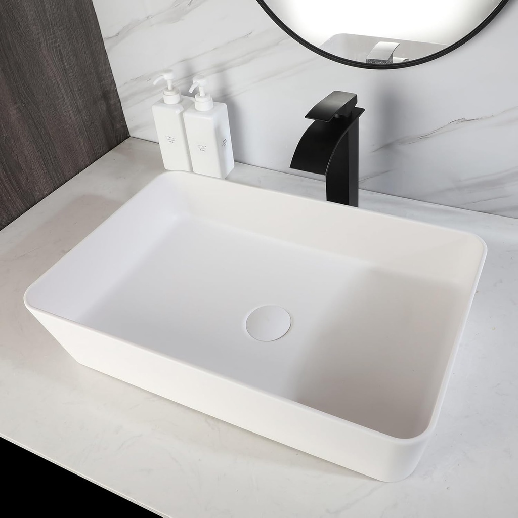 White Stone Resin Vessel Sink with Drain 22"x14" Rectanglar Bathroom Sink Counter Wash Basin Bowl