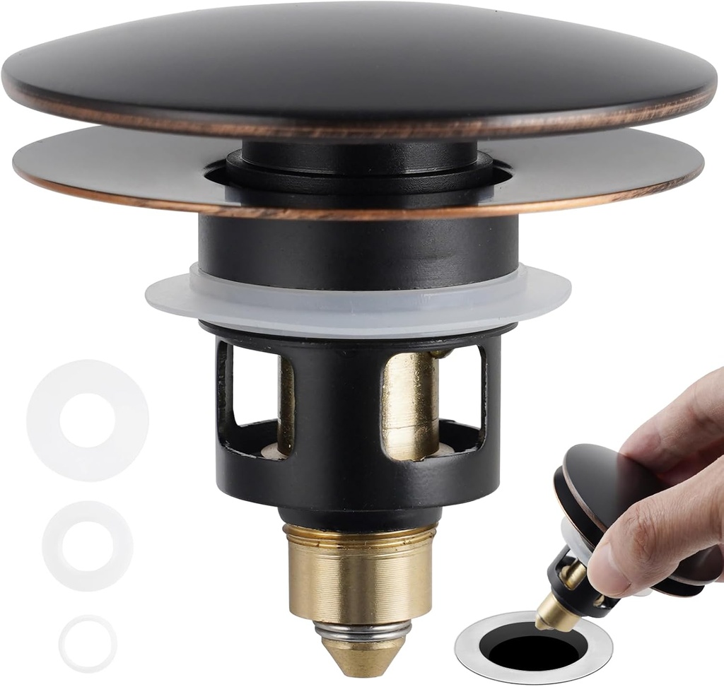 Universal Bathroom Sink Drain Strainer Hair Catcher Upgraded with Removable Stainless Steel Filter Basket, 2 in 1 Pop Up Sink Stopper for 1.1''~2.36'' Sink Basin Hole, Big Cover Cap, Oil Rubbed Bronze
