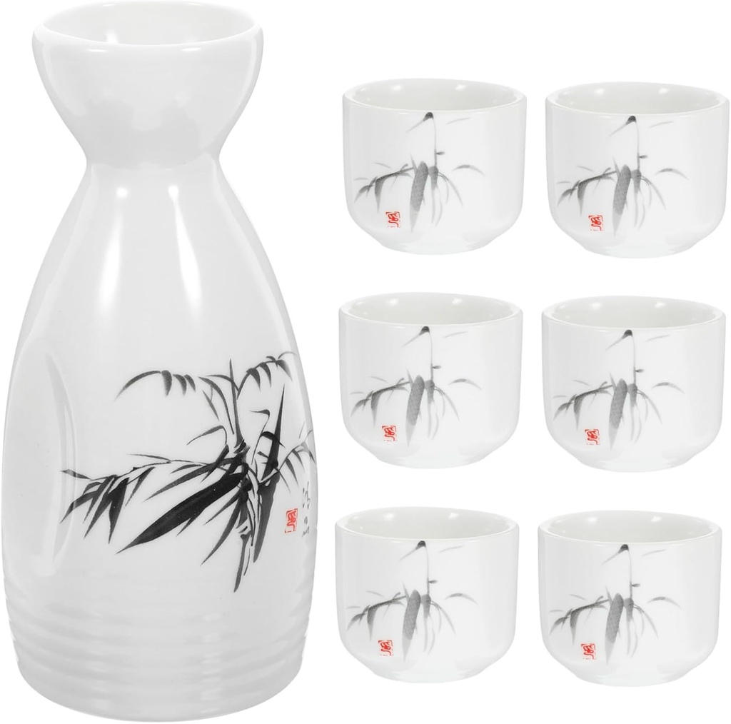 Ciieeo Traditional Japanese Sake Set Porcelain Sake Glasses Flask Ceramic Saki Pot 7-piece Set