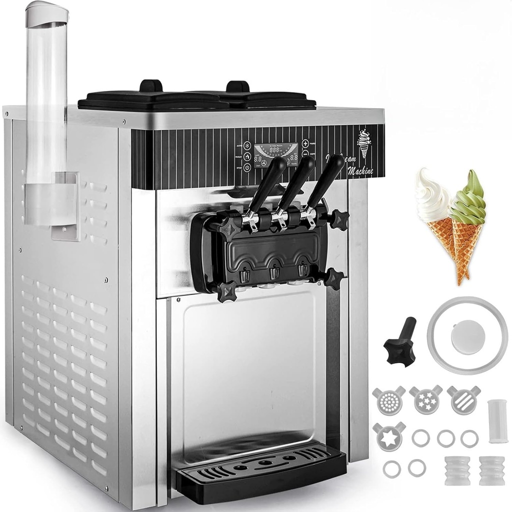 Happybuy Commercial Soft Serve Ice Cream Machine, 5.3-7.4 Gal/Hr, 3 Flavors, Auto Clean, LED Display, 2200W for Restaurants & Snack Bars, Silver