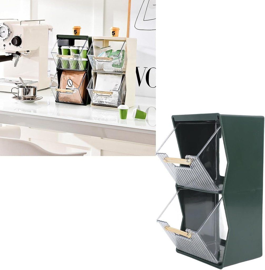 GOWENIC Tea Bag Organizer, Coffee Capsule Holder with Sliding Drawer, 2 Tiers Tea Bag Holder Stores, Coffee Capsule Pod Holder, Coffee Condiment Display Shelf Tea Rack for Cabinet,