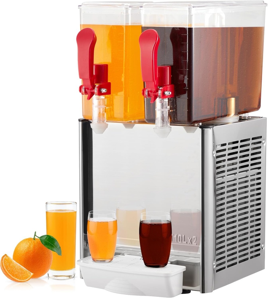 20L (5.28 Gal) Dual-Tank Commercial Beverage Dispenser - 10L x 2 Stainless Steel Juice Machine with Thermostat, 280W for Restaurant, Juice Bar, Home Use