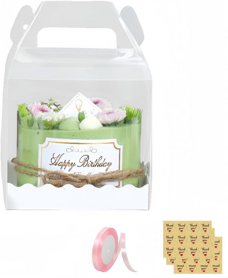 10Pcs Clear Cake Boxes with 10 Stickers and 1 Roll Ribbon Transparent Cake Carriers Plastic Cupcake Candy Food Storage Box for Home Wedding Birthday Party Favors Decor,5.5"X5.5"