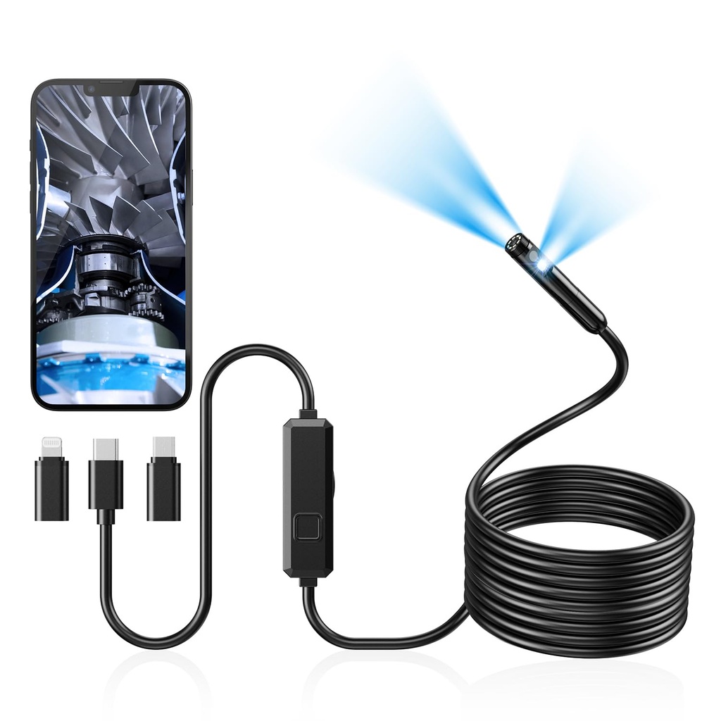 Endoscope Camera with Light, Dual-Lens 1920P HD Borescope with 8 Adjustable LED Lights, IP67 Waterproof Boroscope Inspection Tools, 16.4ft Semi-Rigid Snake Camera for iOS & Android