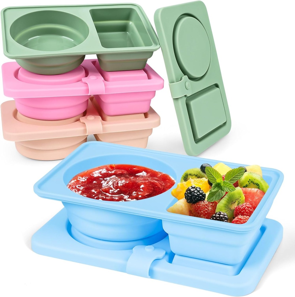 Tywop 4-Pack Silicone Reusable Snack Containers with Lids | 2 Compartment Leak-Proof Snack Bento Boxes for Kids, Portable Small Food Storage Containers for School, Office, Travel, Picnic Fruits
