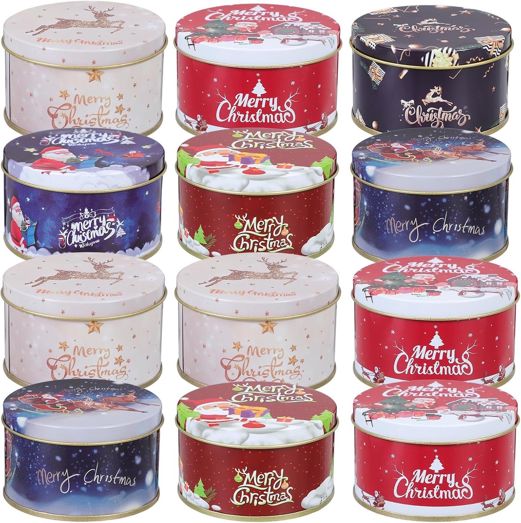 Angoily Christmas Tinplate Empty Tin 12Pcs Christmas Cookie Tins Christmas Cookie Boxes Holiday Candy Treat Present Cards Box with Lids for Christmas Party Supplies Christmas Treat Tin