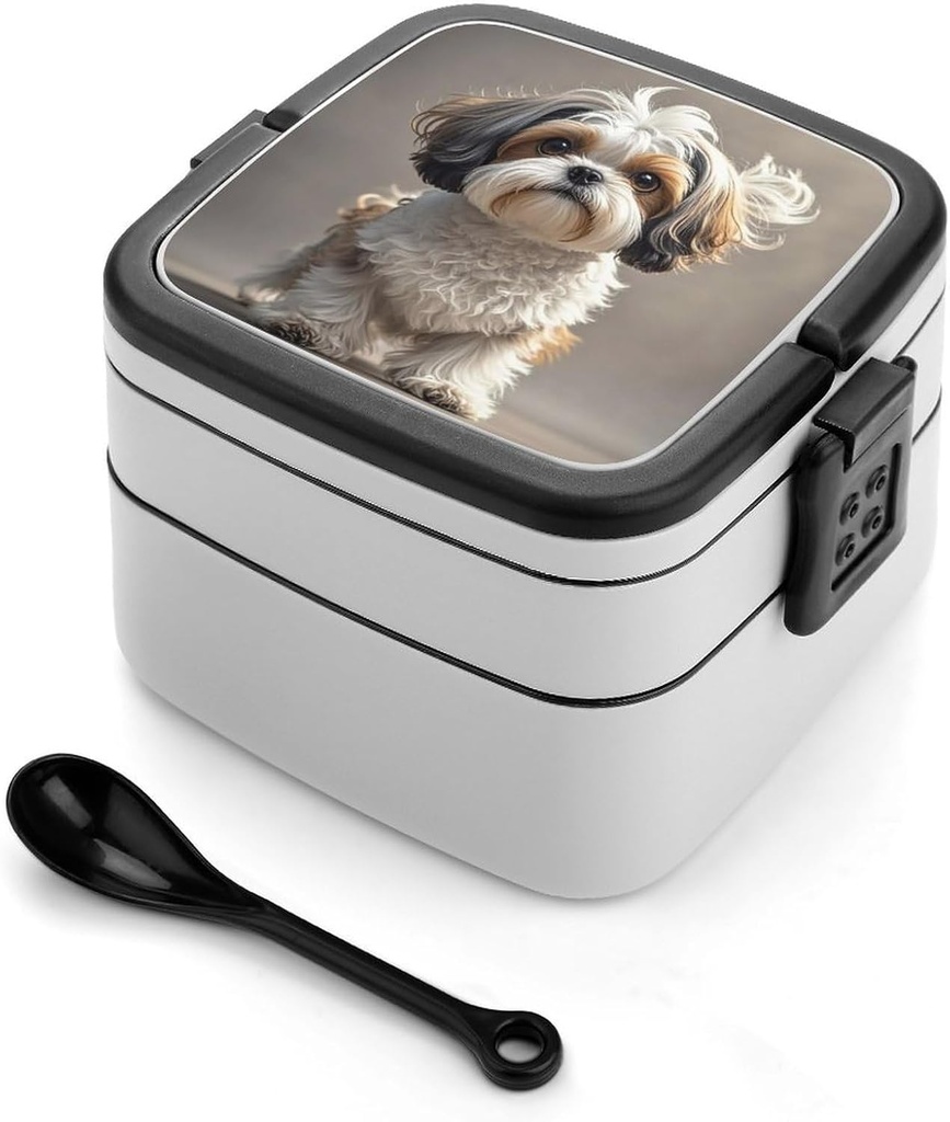 Adult Double-Layer Bento Box Shih Tzu Dog Portable Lunch Box with Spoon And Invisible Handle Leakproof Microwave-Safe Food Container for Work Travel Camping