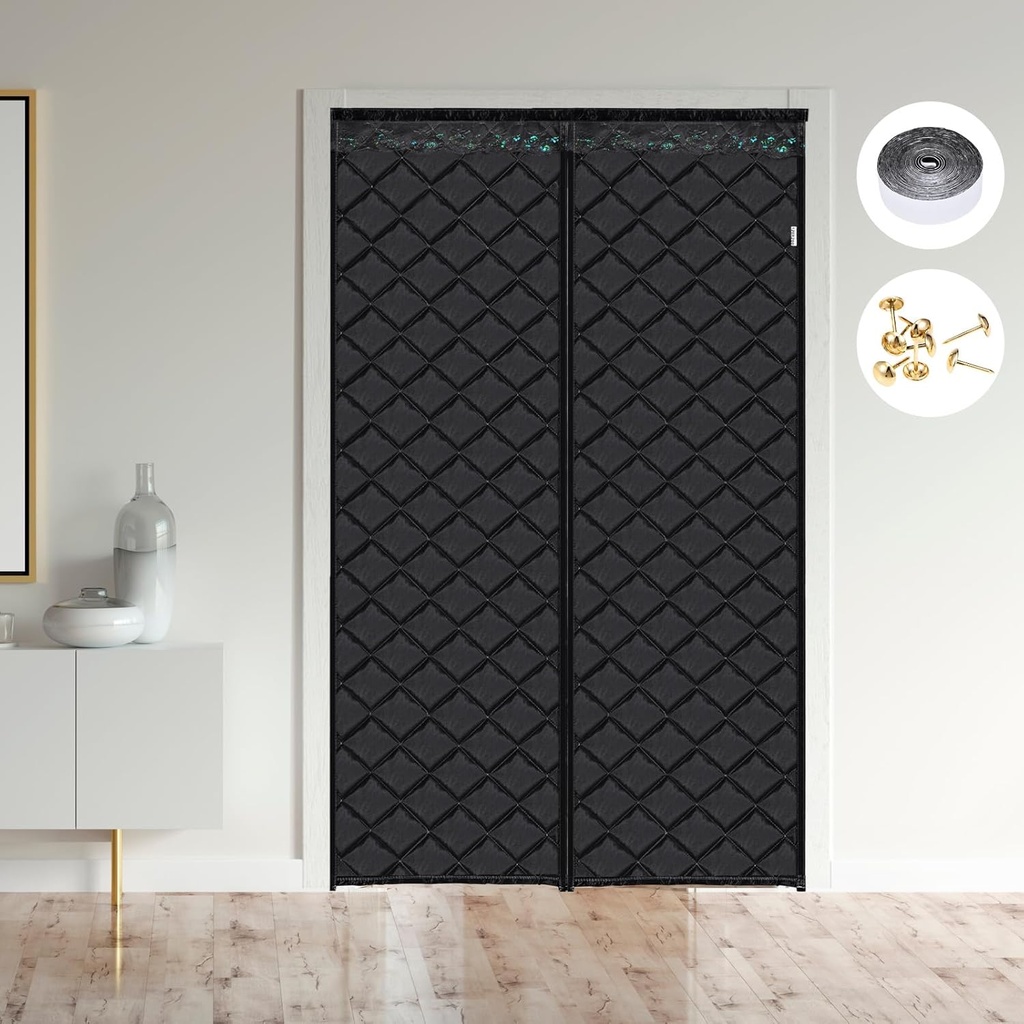 uxcell Magnetic Thermal Insulated Door Curtain, Fits Door Size 45" x 77", Durable Thicken Oxford Fabric Door Blanket, Center Opening, Keep Warm in Winter and Cool in Summer, Black