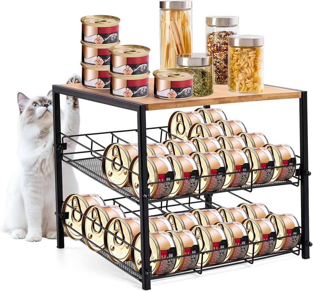 Bamboo & Iron Cat Food Organizer, 2-Tier Can Storage Rack for Pantry, Holds 48 (3oz) Cans, Automatic Slide-Down Design, Flat Top for Extra Storage, Perfect for Wet Cat Food Cans, Stackable & Durable