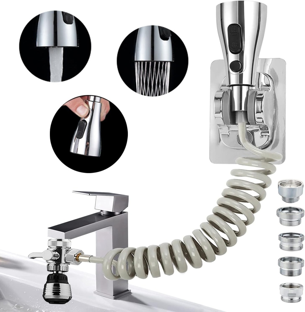 Kitchen Faucet Sink Sprayer Attachment Set，Sink Faucet Hose Sprayer Attachment，3 Way Valve Diverter with 79’’ Recoil Hose，Adhesive Holder, Faucet Aerator and Adapters for Kitchen, Laundry, Utility