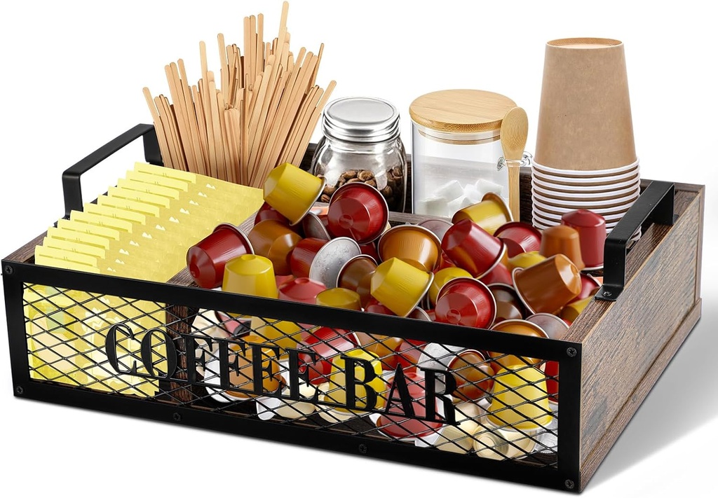 Coffee Station Organizer Bar Gift for Christmas Coffee Creamer Holder for Countertop Tea Condiment Pod Wooden Storage Basket with Iron Mesh Organizer Decor(Brown,Natural)