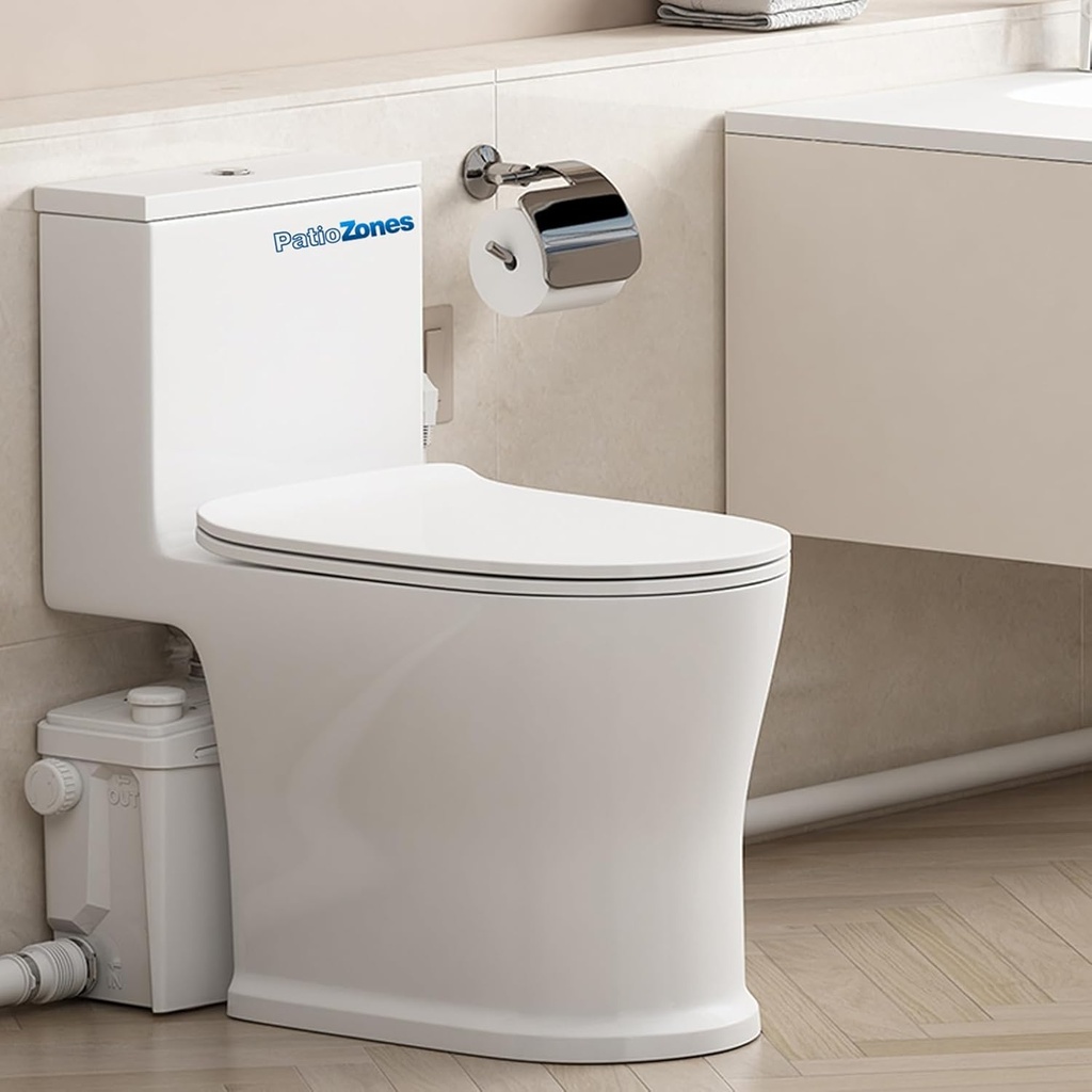 900W Macerating Toilet System, Upflush Toilet with Pump For Basement, 4 Inlets for Kitchen Laundry Sink Shower Bathtub Waste Water Transfer, 39.3ft Lifting Up, One Piece Full Skirted