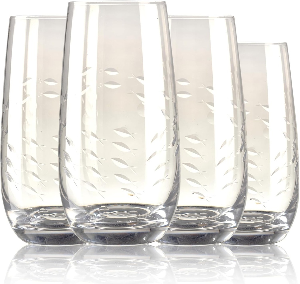 Hand-Carved Fish Highball Glass Set of 4 – Artistic Handmade Whiskey & Water Drinking Glasses with Intricate School of Fish Design – Durable 17oz Tumblers for Everyday Use, Gifts, or Cocktails